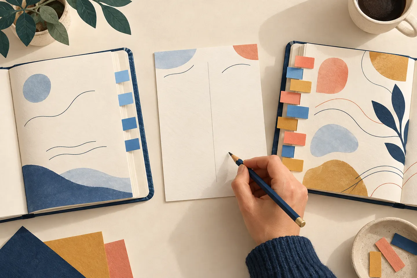 Two notebooks with different colored tabs beside a blank comparison sheet and a hand holding a pencil.